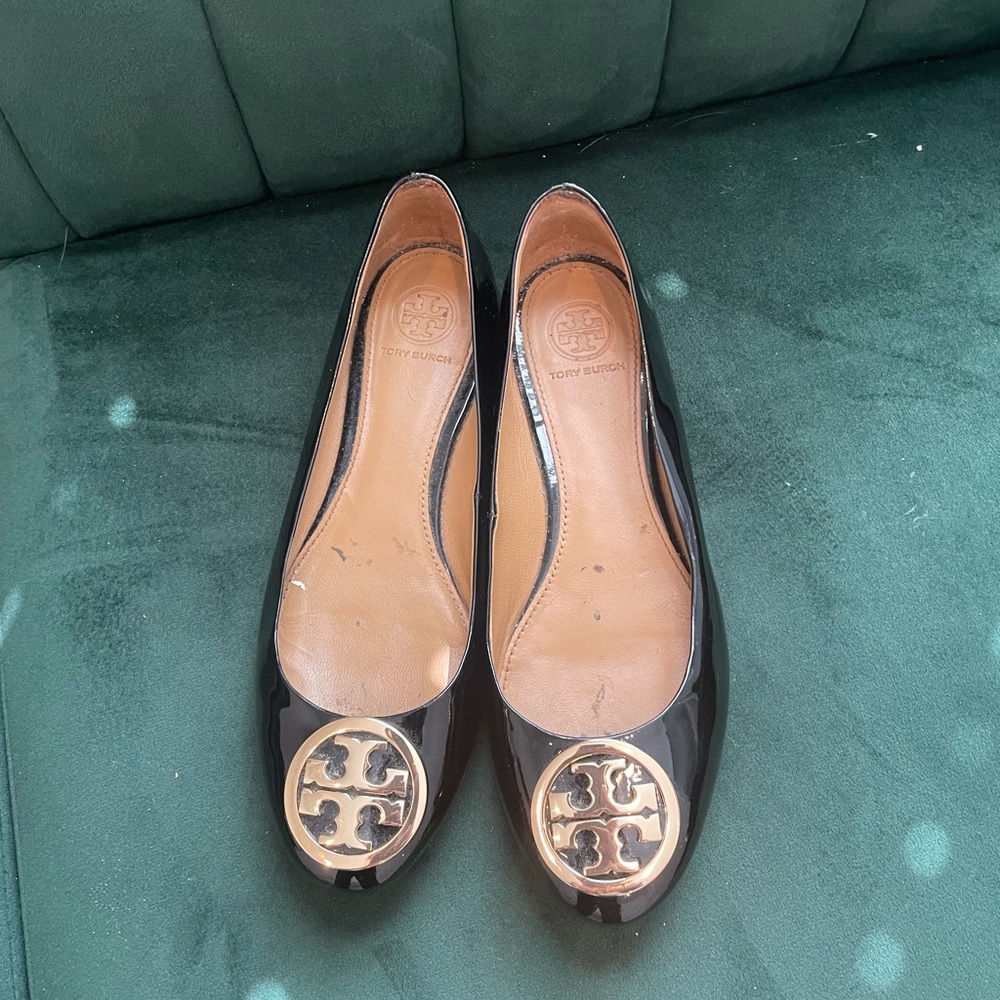 Tory Burch Black Patent Leather Logo Flats with Gold Emblem